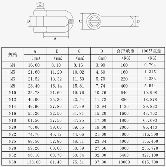 304 stainless steel D-type release buckle U-shaped release buckle bow ring lifting ring lifting lug D-shaped marine con
